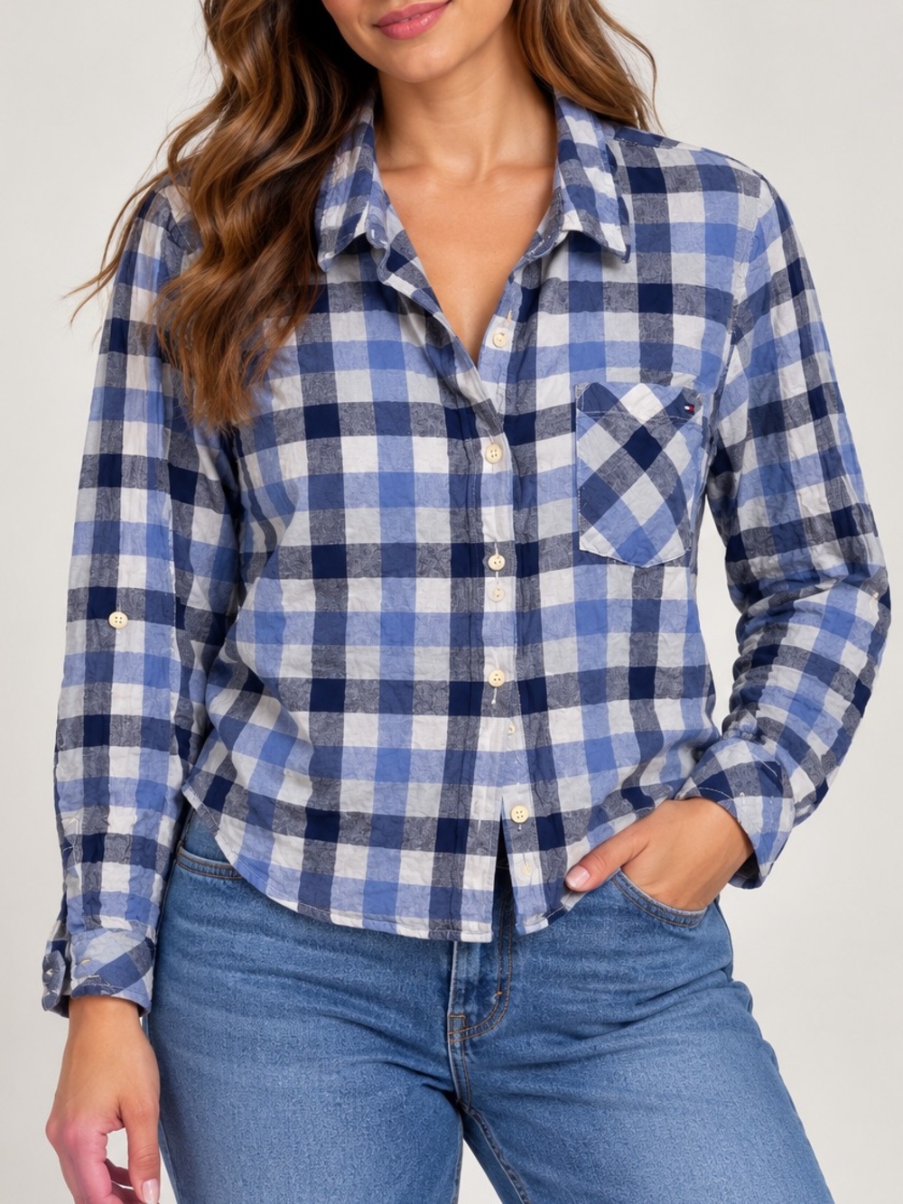 Tommy Hilfiger Navy and Light Blue Plaid Button-Down Shirt
